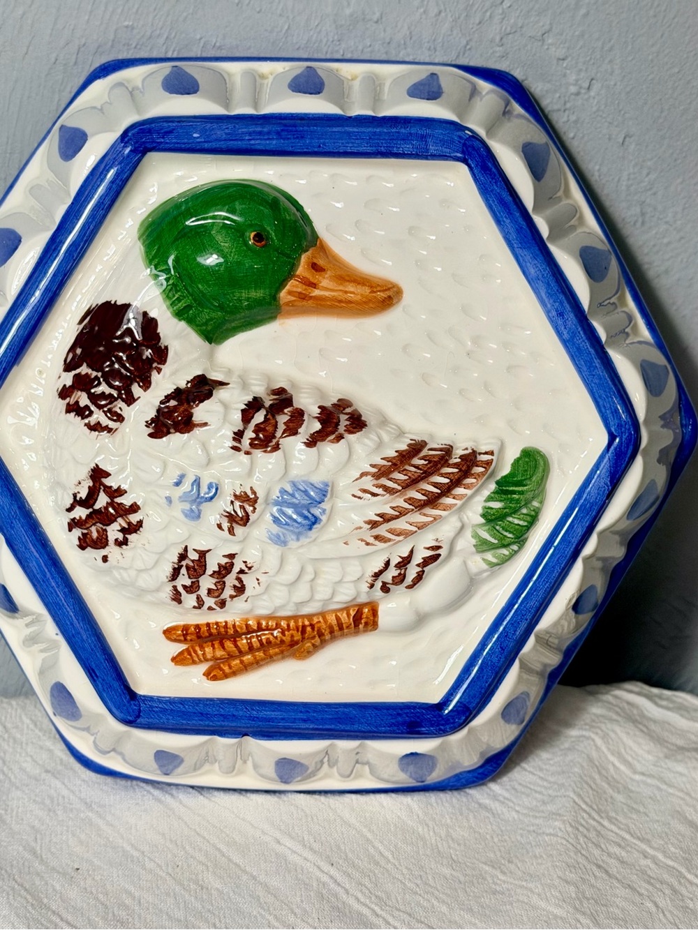 Vintage Hand-Painted Ceramic Mallard Duck Wall Plaque - Blue, Green, Orange - Picture 2 of 8